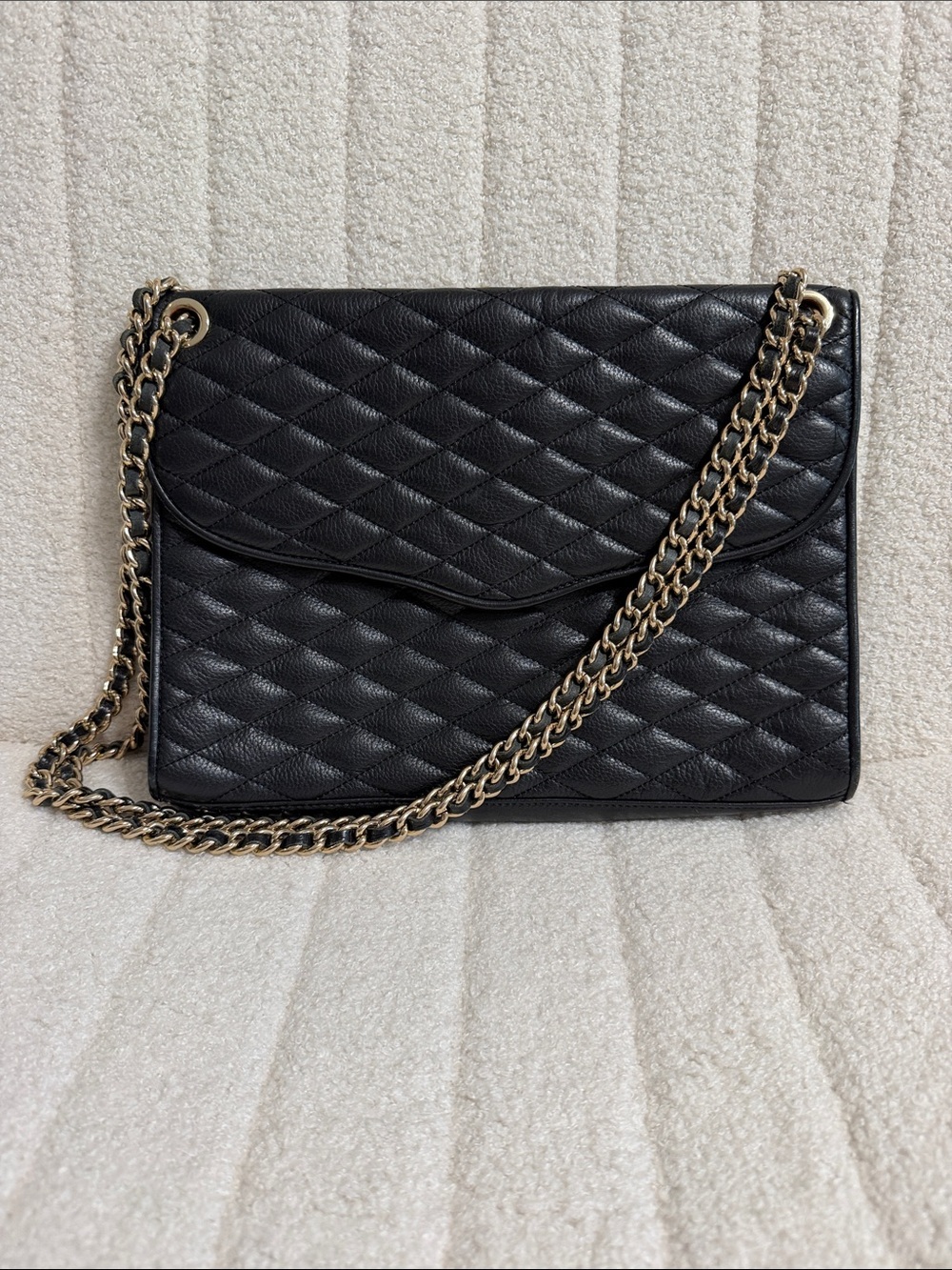 Rebecca Minkoff Black Quilted Leather Shoulder Bag with Gold Chain Detail